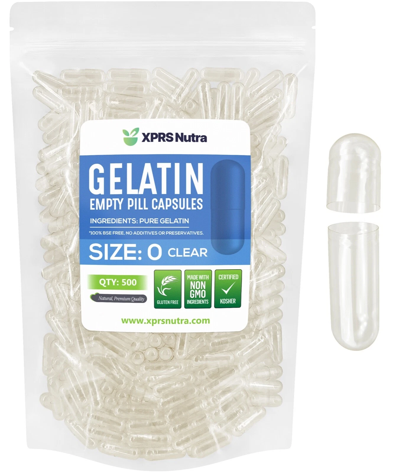 500 Empty Size #0 Clear Kosher Gelatin Capsules Pills USA Made FRESH Gelcaps