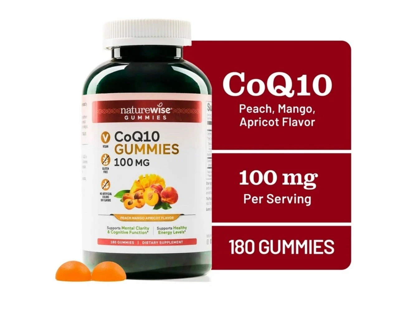 NatureWise Coq10 Gummies 100Mg Peach Mango Heart Health Antioxidant Vegan NonGmo