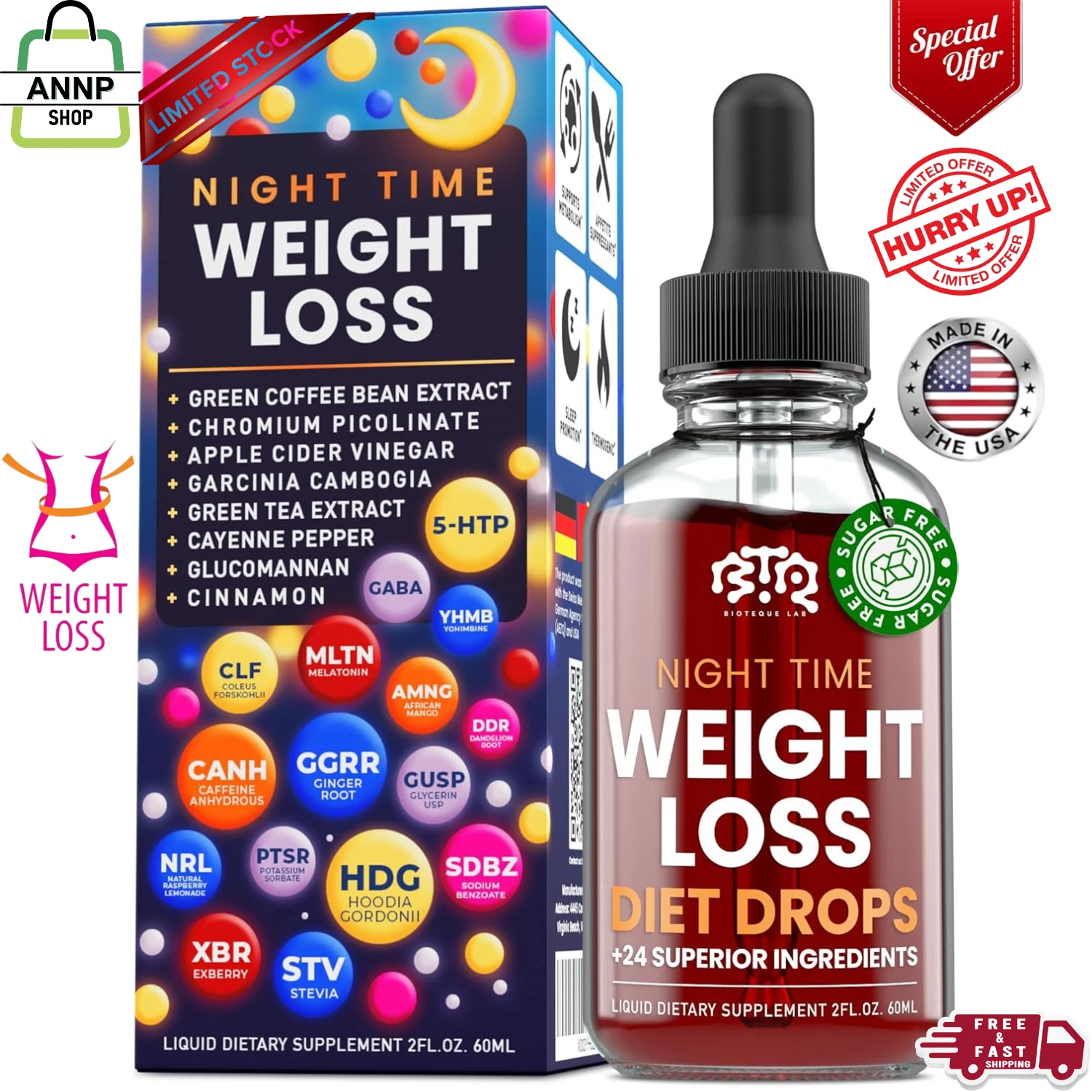 Night Time Weight Loss Diet Drops, Appetite Control, Fat Burner, Metabolism Boos