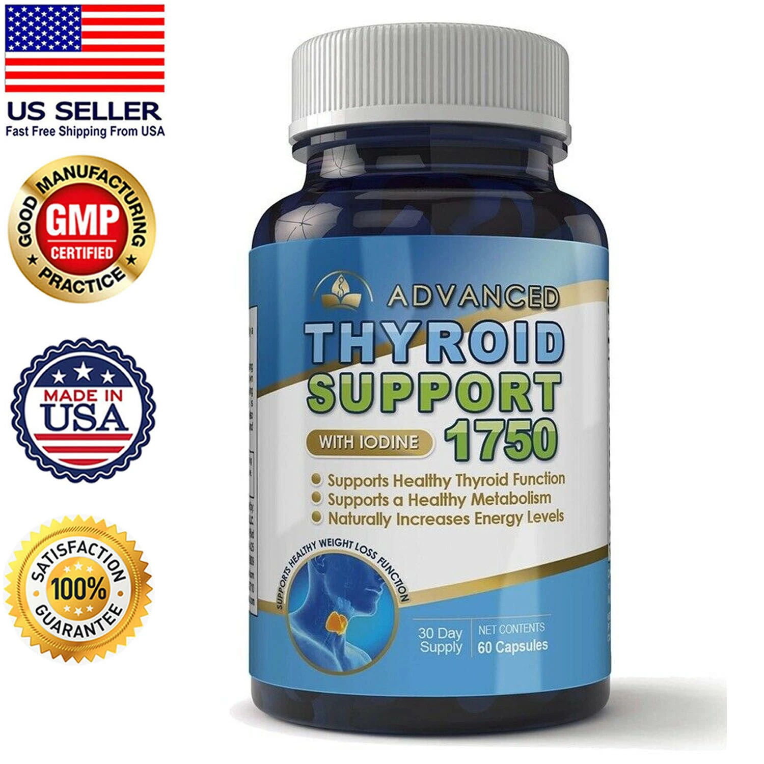 Thyroid Support Iodine B-12 Vitamin Magnesium Weight Gain 60 Caps High Potency