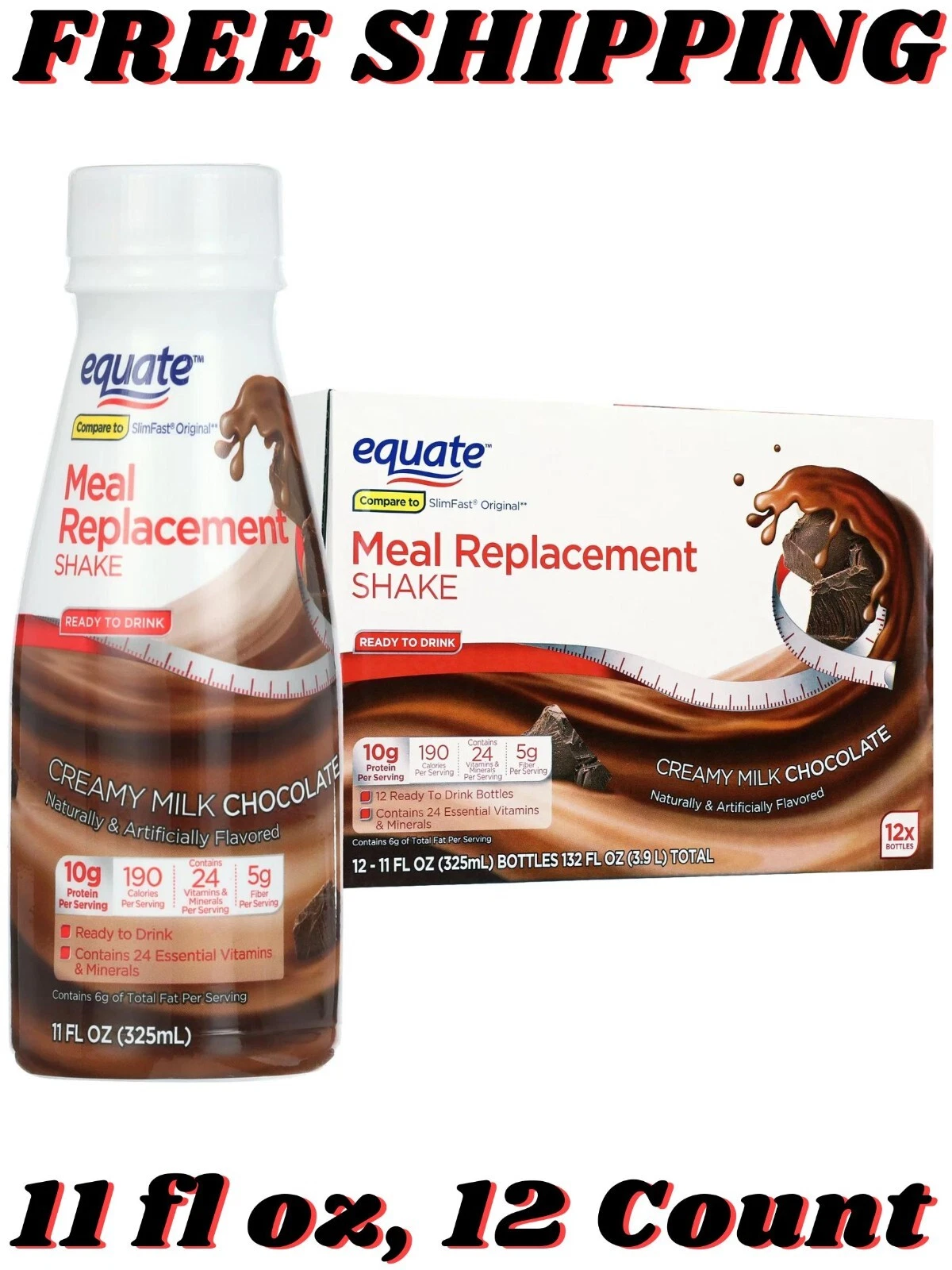 Equate Meal Replacement Shake, Creamy Milk Chocolate, 11 fl oz, 12 Count