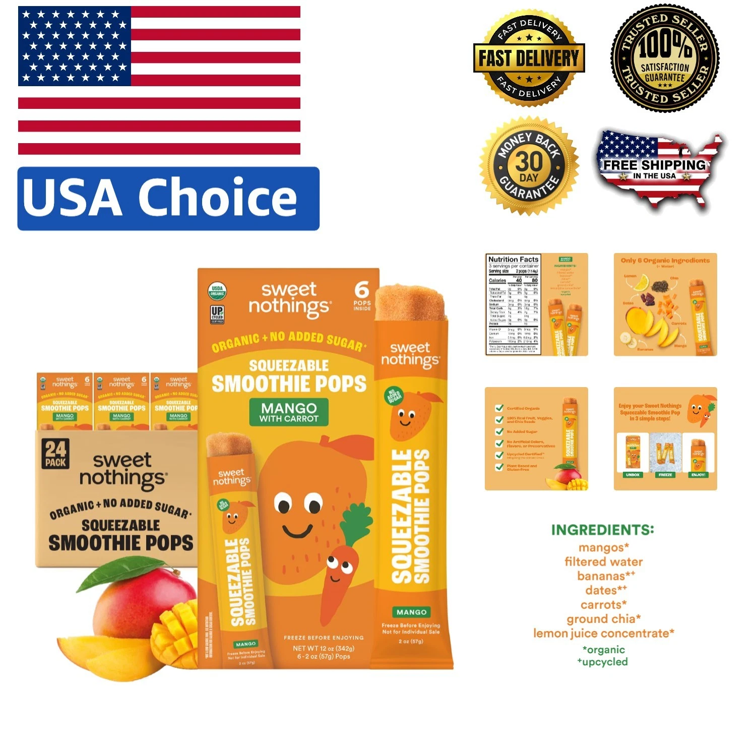 Delicious Mango Fruit & Veggie Smoothie Popsicles - Organic, 24 Squeezable Tubes