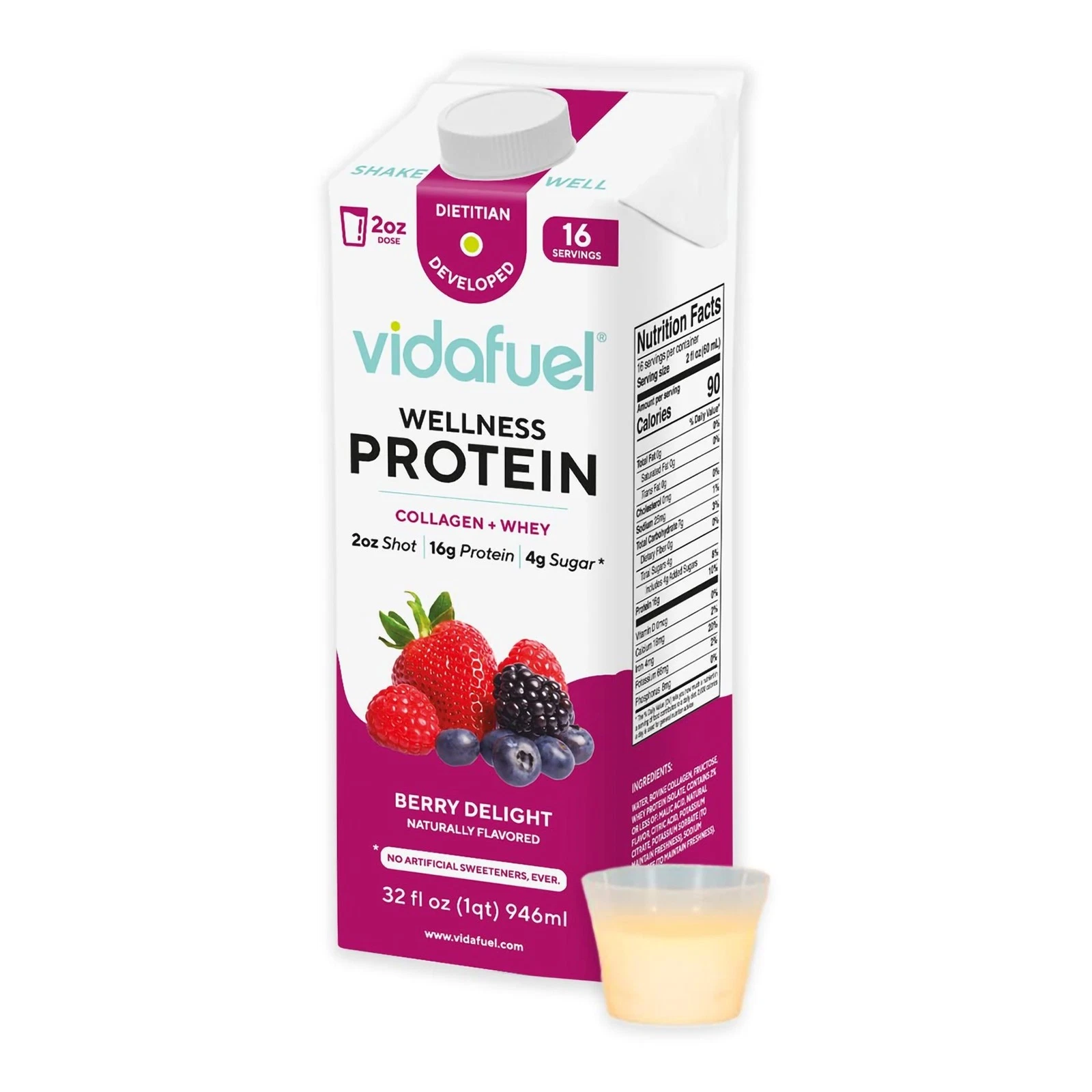 Vidafuel Wellness Protein Drink 2oz Shot 32oz Carton Berry Delight 6 Pack