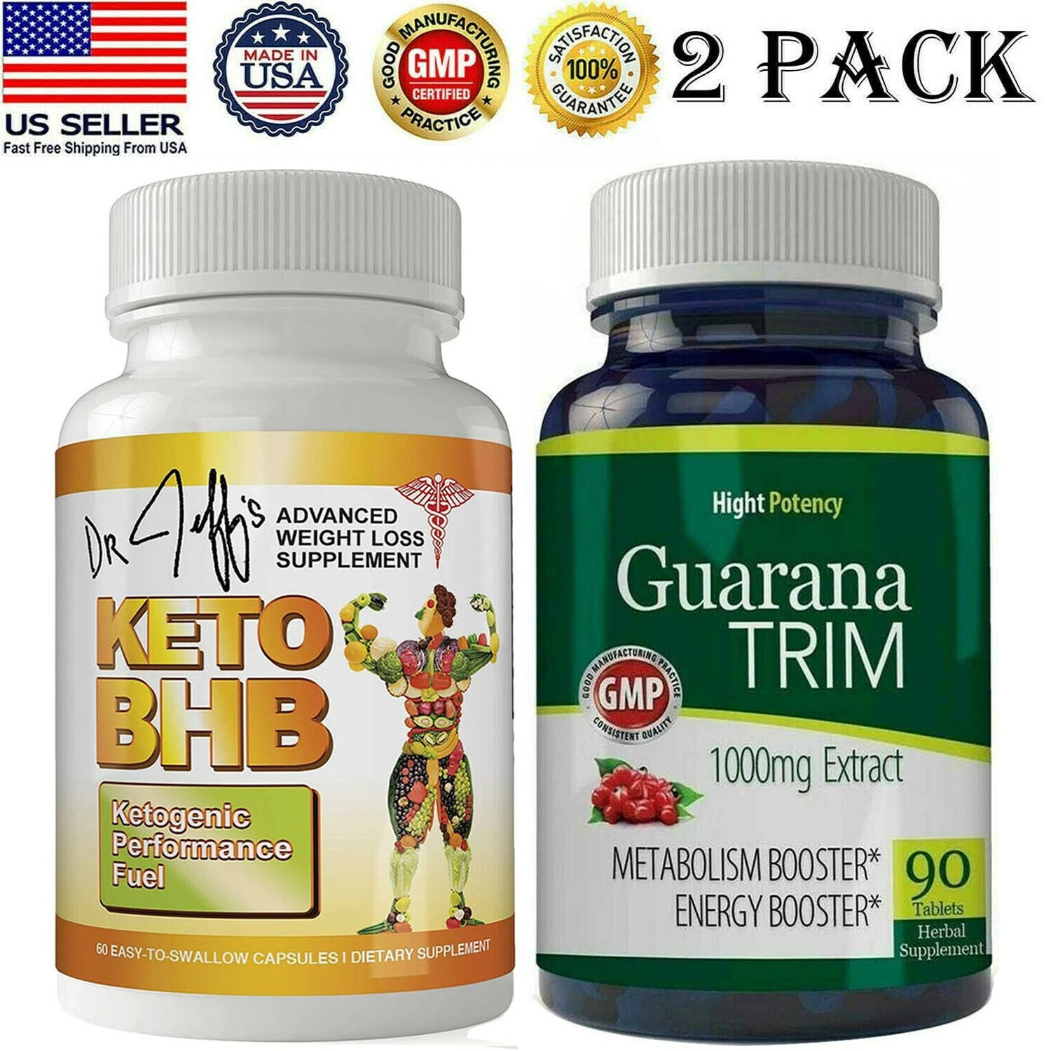 Best Keto BHB Diet Pills Guarana Extract Weight Loss Fat Burn Capsules 2 pack