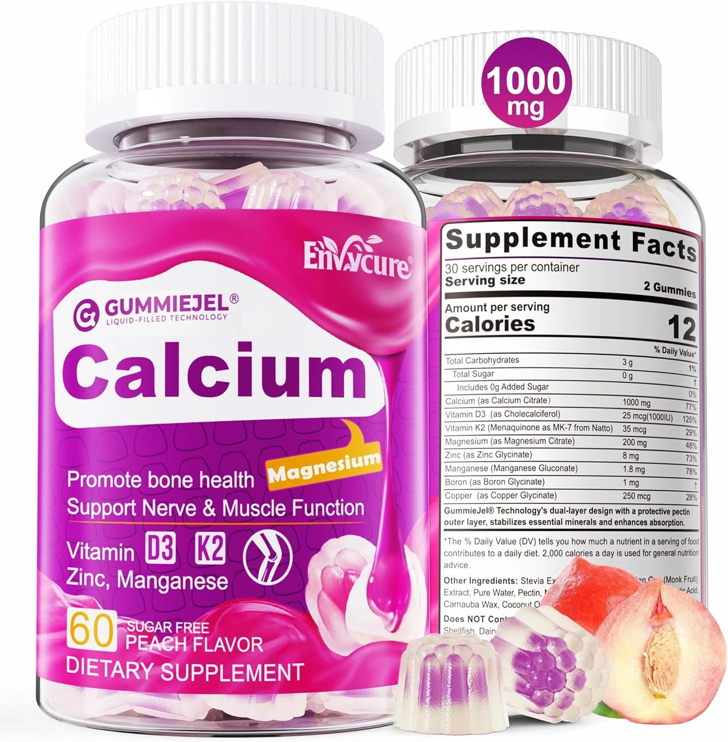 Sugar-Free Calcium Citrate Gummies 1000mg, Vitamin D3 K2, Magnesium, Zinc, Boron