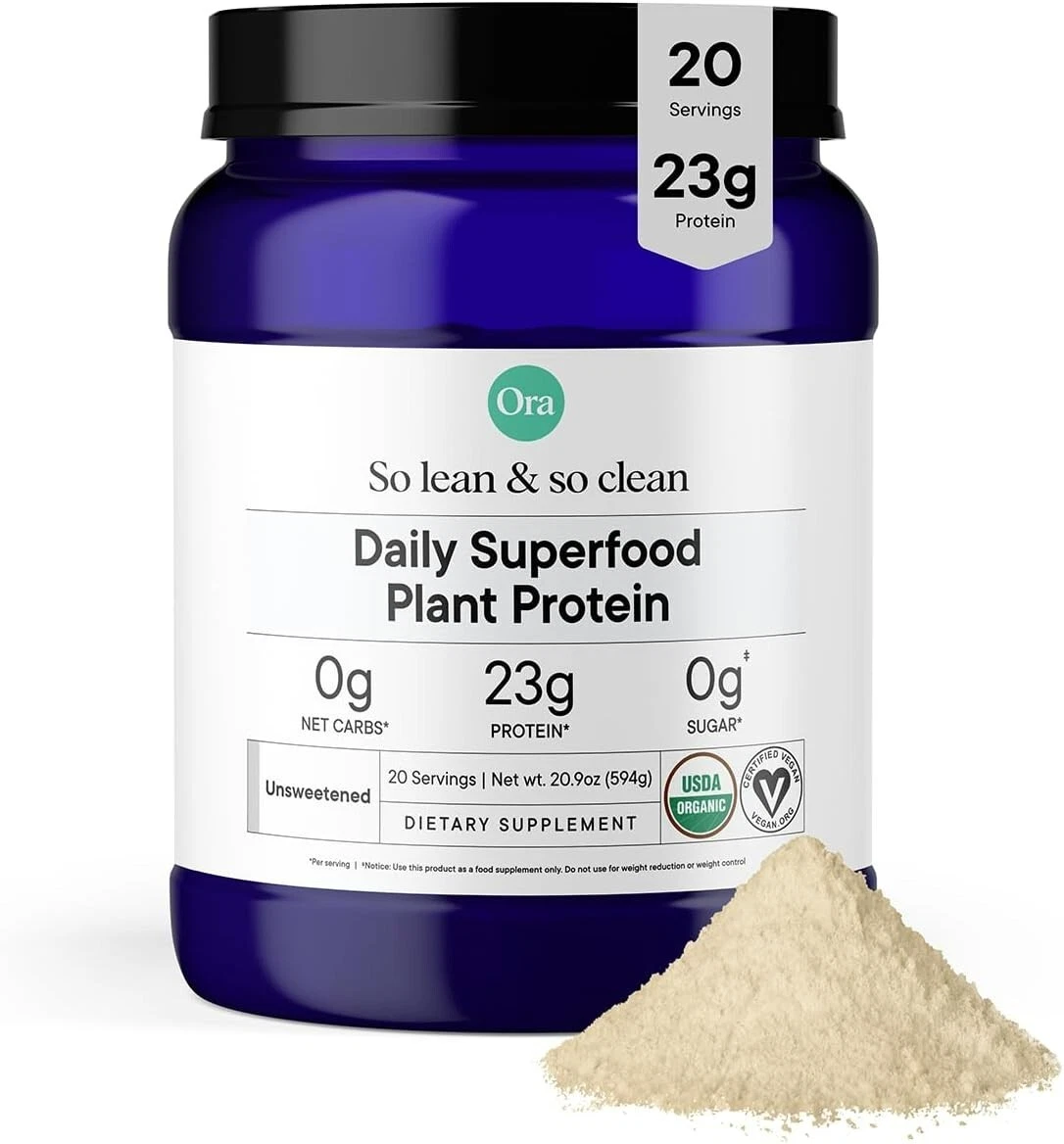 Ora Organic Vegan Protein Powder - 23g Plant Based Pea Protein - Unsweetened F