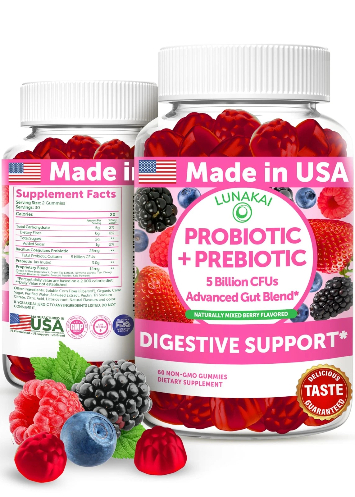 Lunakai USA Made Prebiotic + Probiotic Gummies for Women and Men - High Potency