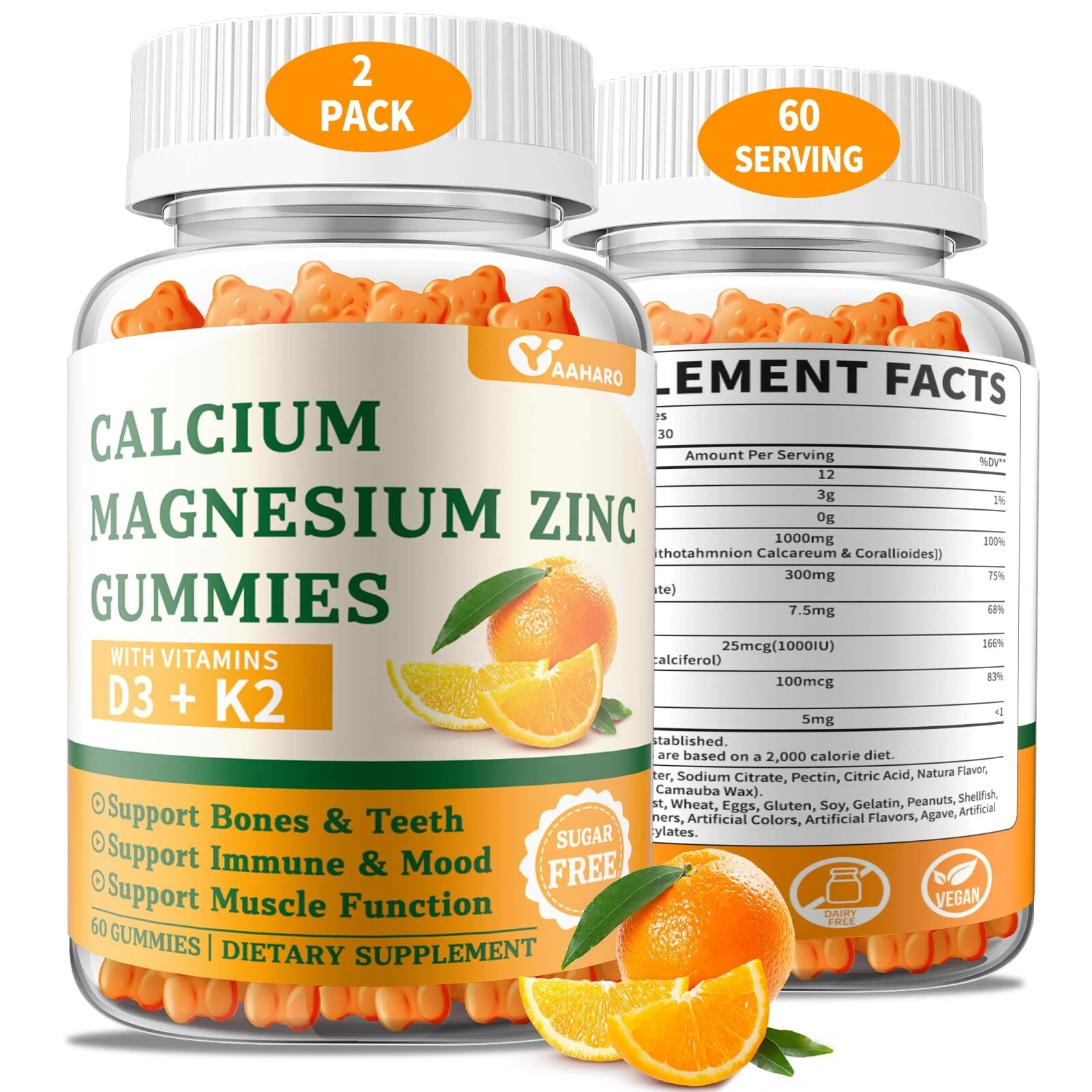 2 Pack Calcium Magnesium Zinc Gummies with Vitamin D3 & K2 - Sugar Free Calci...