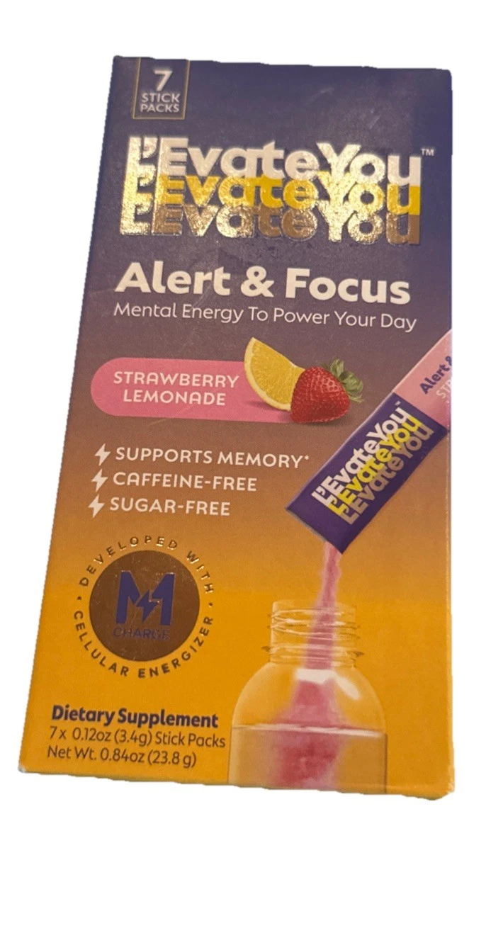 L’Evate You Alert & Focus 7 Stick Strawberry Lemonade Dietary Supply New