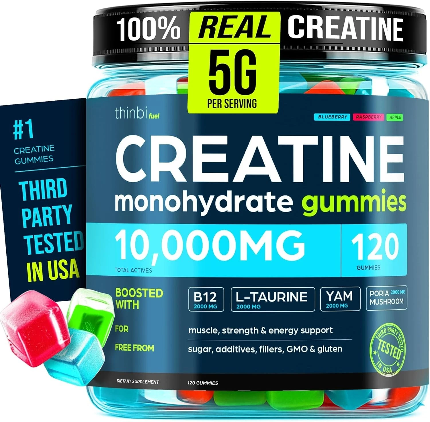 Thinbi Fuel Creatine Monohydrate 120 Gummies with B12 L-Taurine Sugar-Free