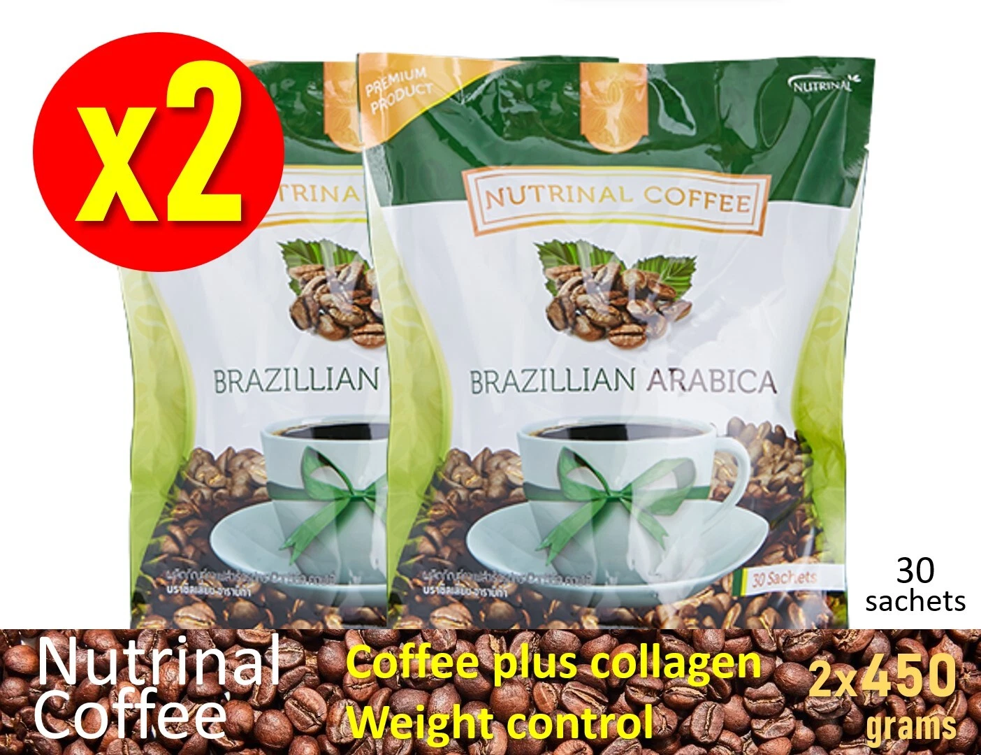 2x30 Brazillian Arabica Coffee Collagen Diet Weight Loss Burn Slim NoFat NoTrans