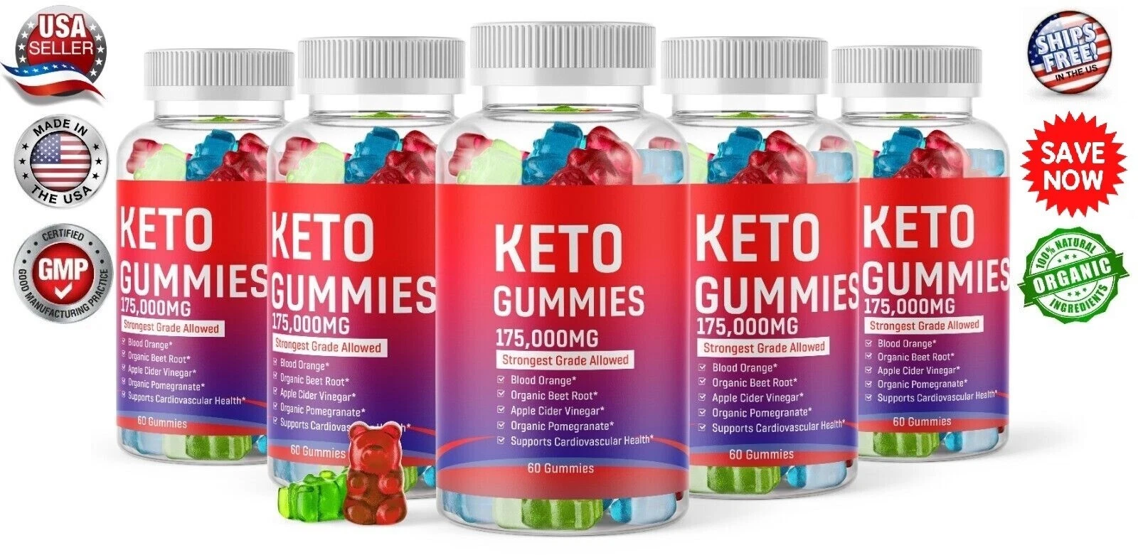 5 x Keto Slimming Gummies 175,000mg Apple Cider Vinegar ACV Weight Loss 60 USA