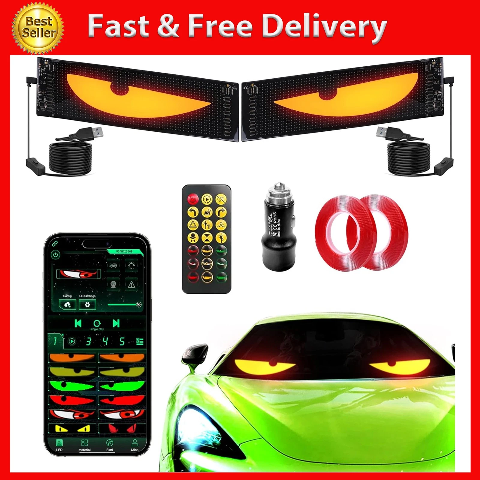 Eye 2-Pack:14"x4.3" Programmable ojos led para carro Windshield Display for Seda