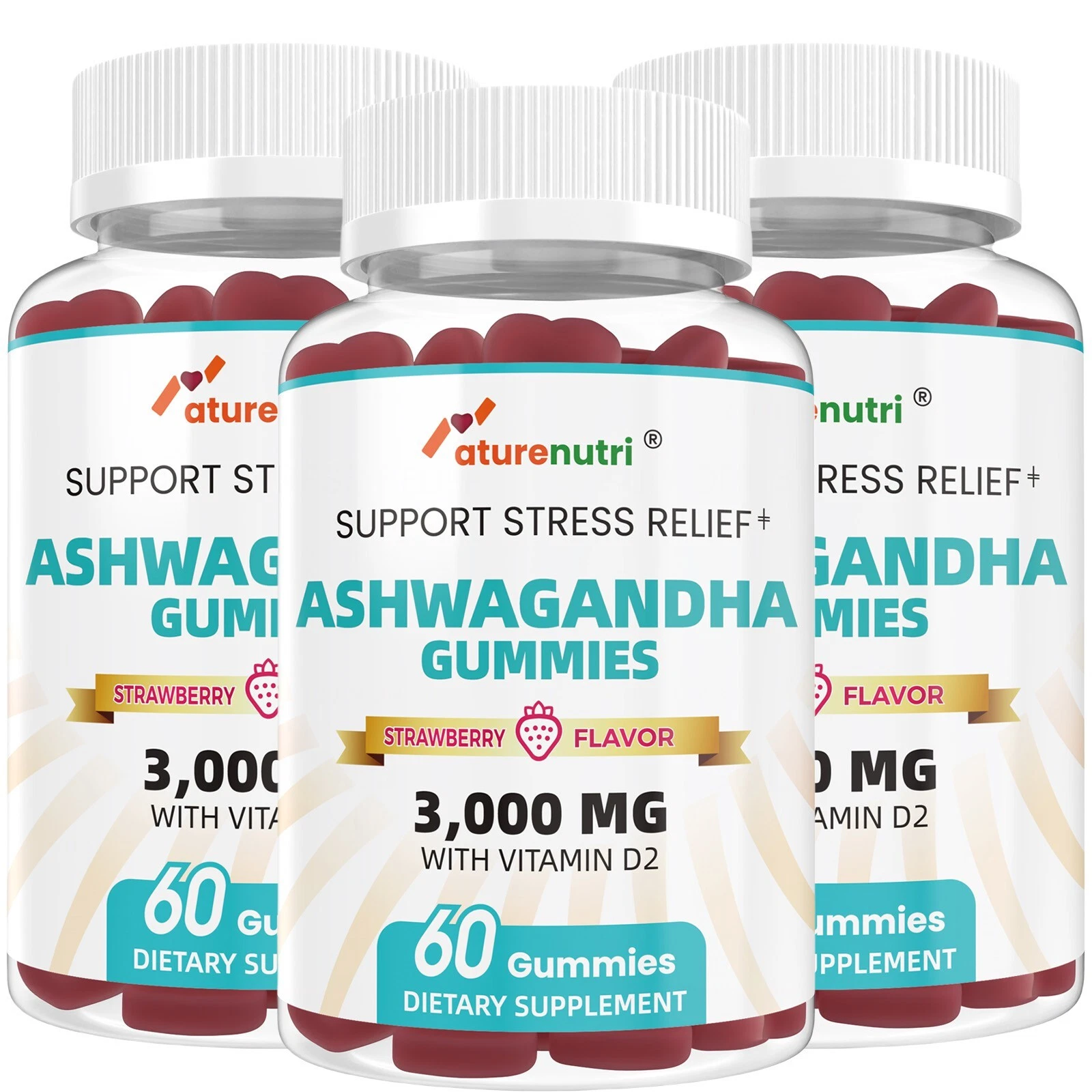 3Packs - Strawberry Ashwagandha Gummies 3000mg | Enriched with Vitamin D2