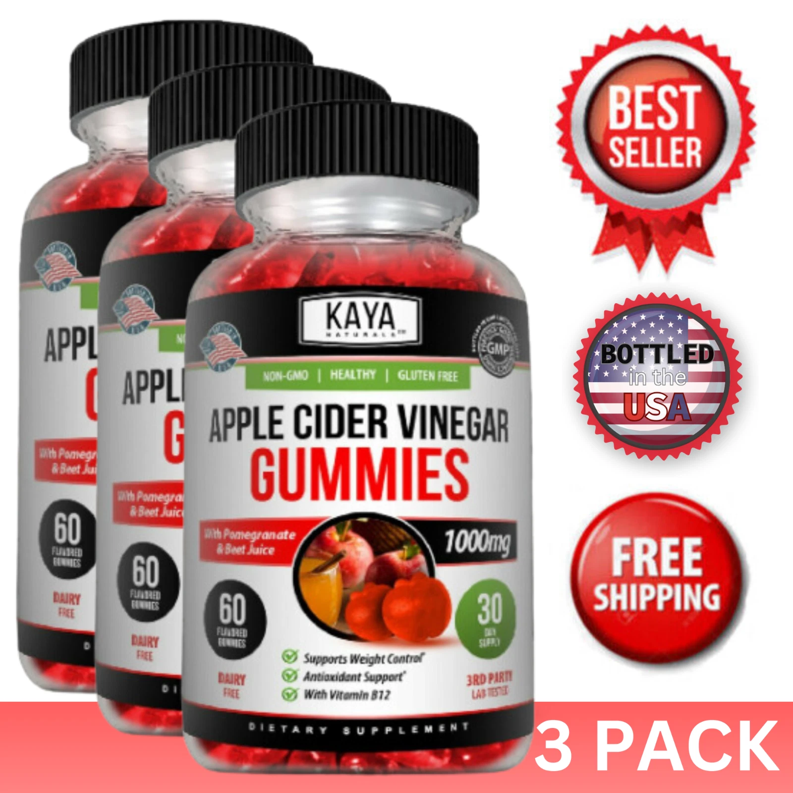 (3 Pack) Apple Cider Vinegar Gummies, Fast Weight Loss Cleanse, Appetite Control