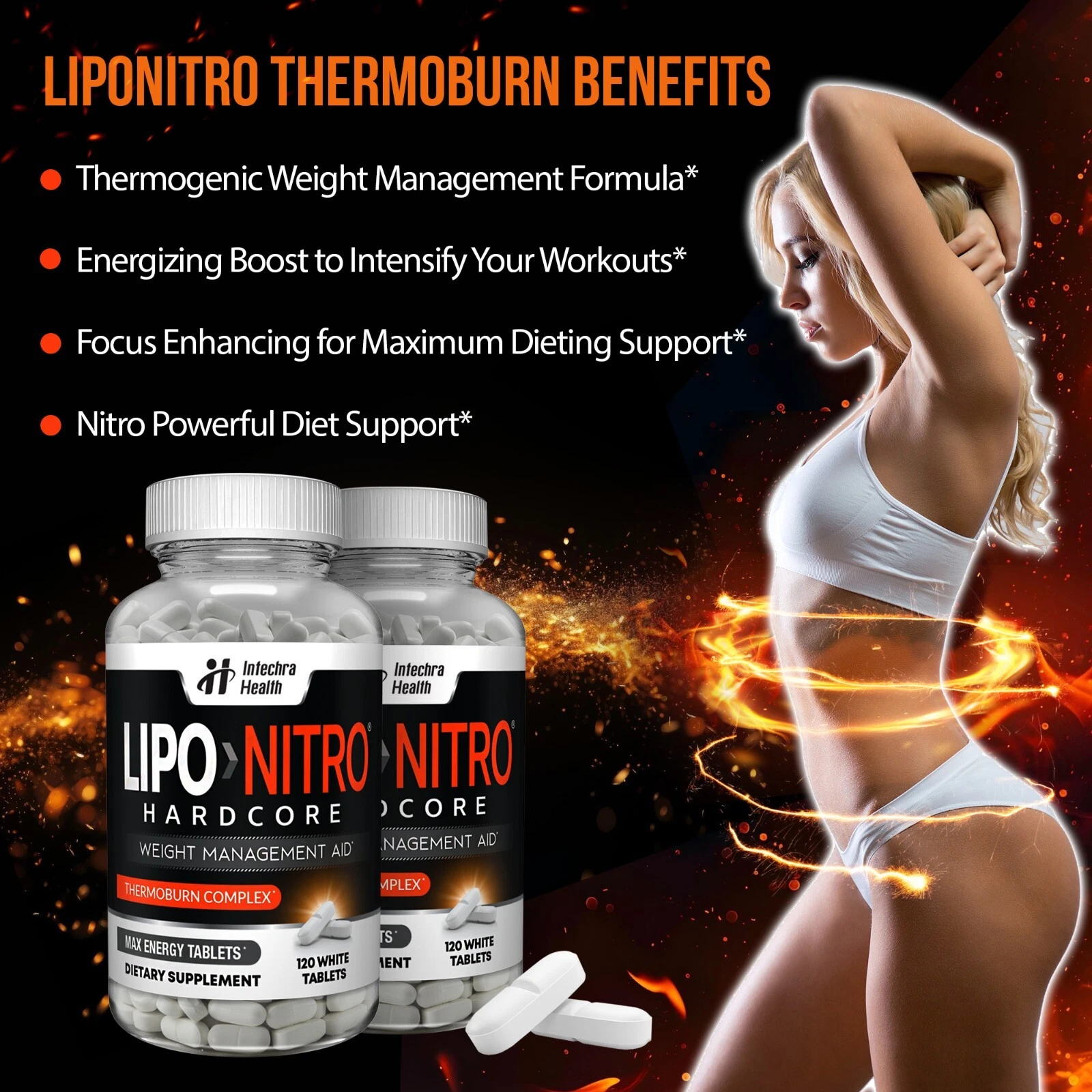 LIPONITRO Diet Pills with Max Energy Best for Diet Support - 120 White Tablets