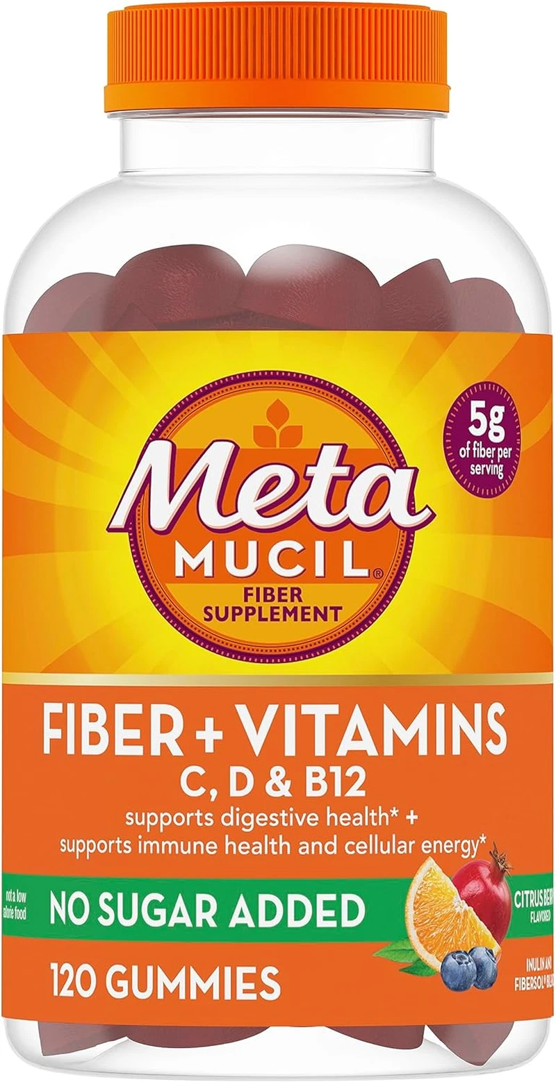 Metamucil Fiber Supplement Gummies w/ Vitamins C, D, & B12, No Sugar Added 120ct