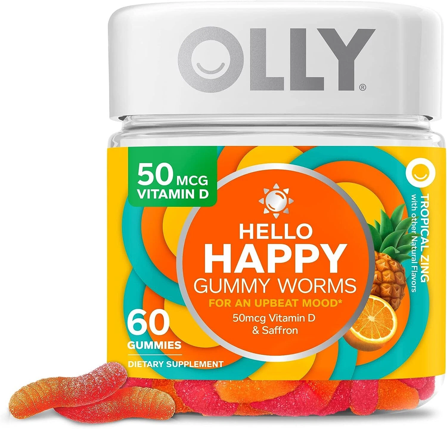 OLLY Hello Happy Gummy Worms, Mood Balance Support, Vitamin D, Saffron 60 Count