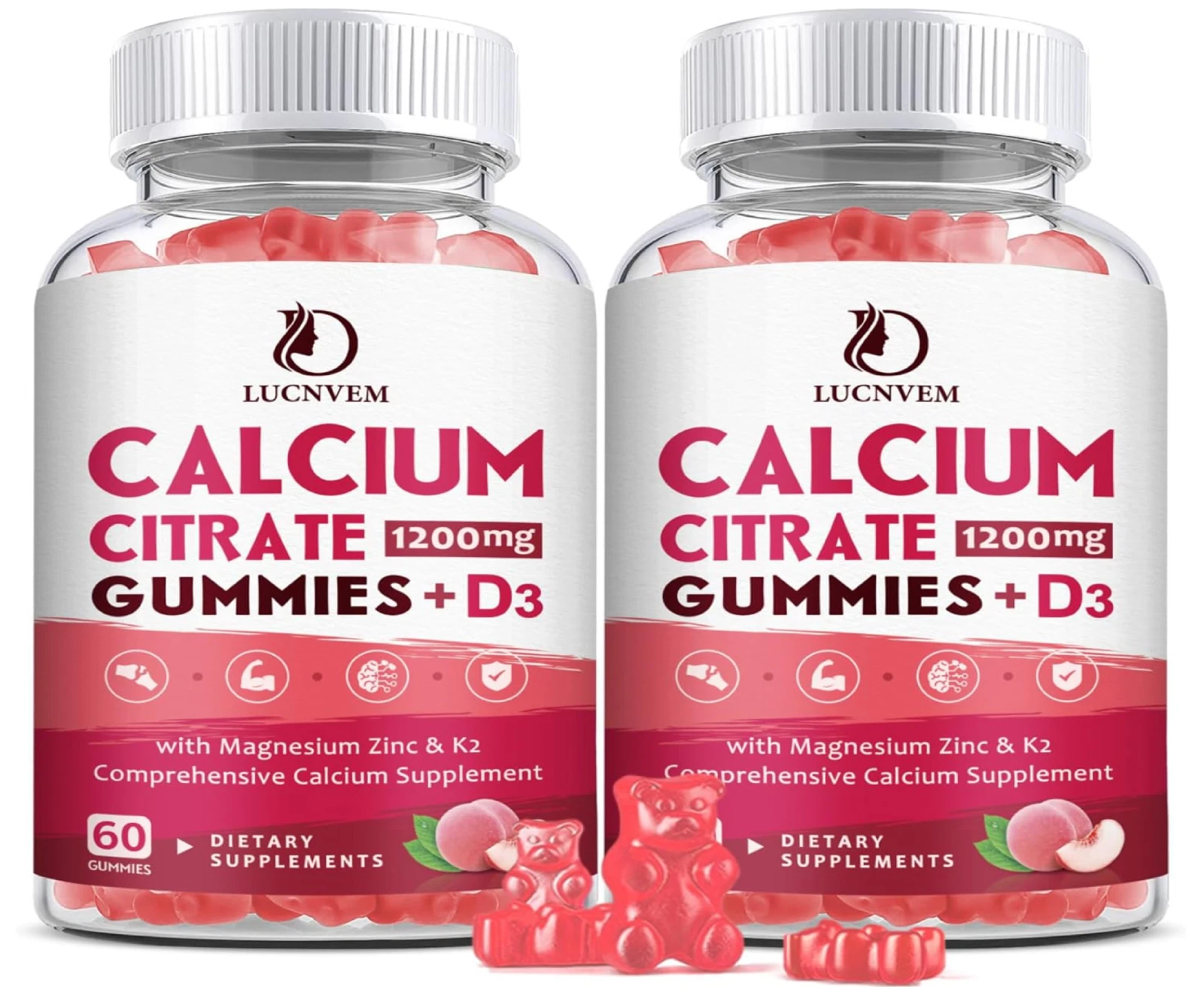 (2 Pack) Calcium Citrate 1200Mg with Vitamin D3 Supplements Gummies for Women &