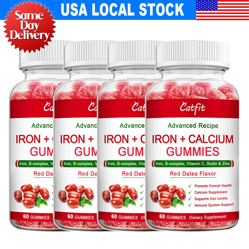 Iron Calcium 60Gummies with VitaminC D3,VitaminB12,Zinc for Kids&Adult Bones