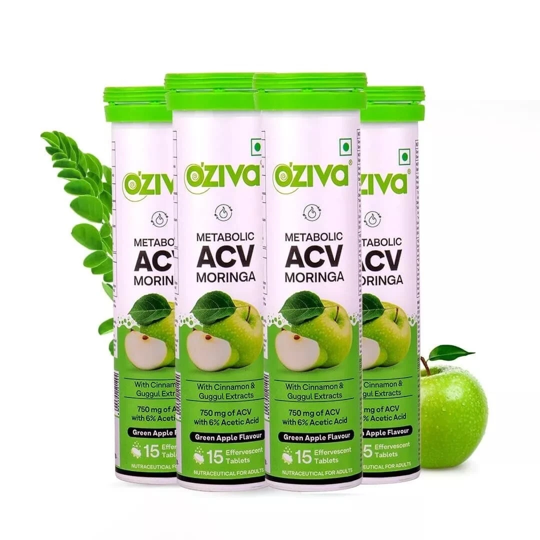 OZiva ACV Moringa | Control Cravings Apple Cider Vinegar Pack of 4 (60 Tablets)