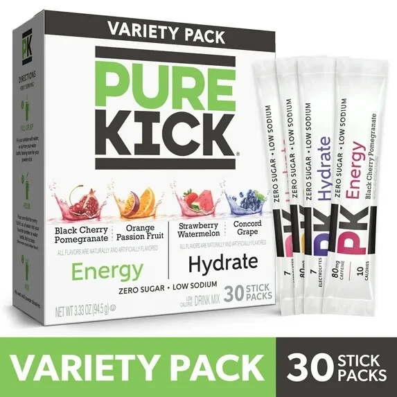 Pure Kick Energy & Hydration Electrolyte Powdered Drink Mix Variety Pack, 30 Ct