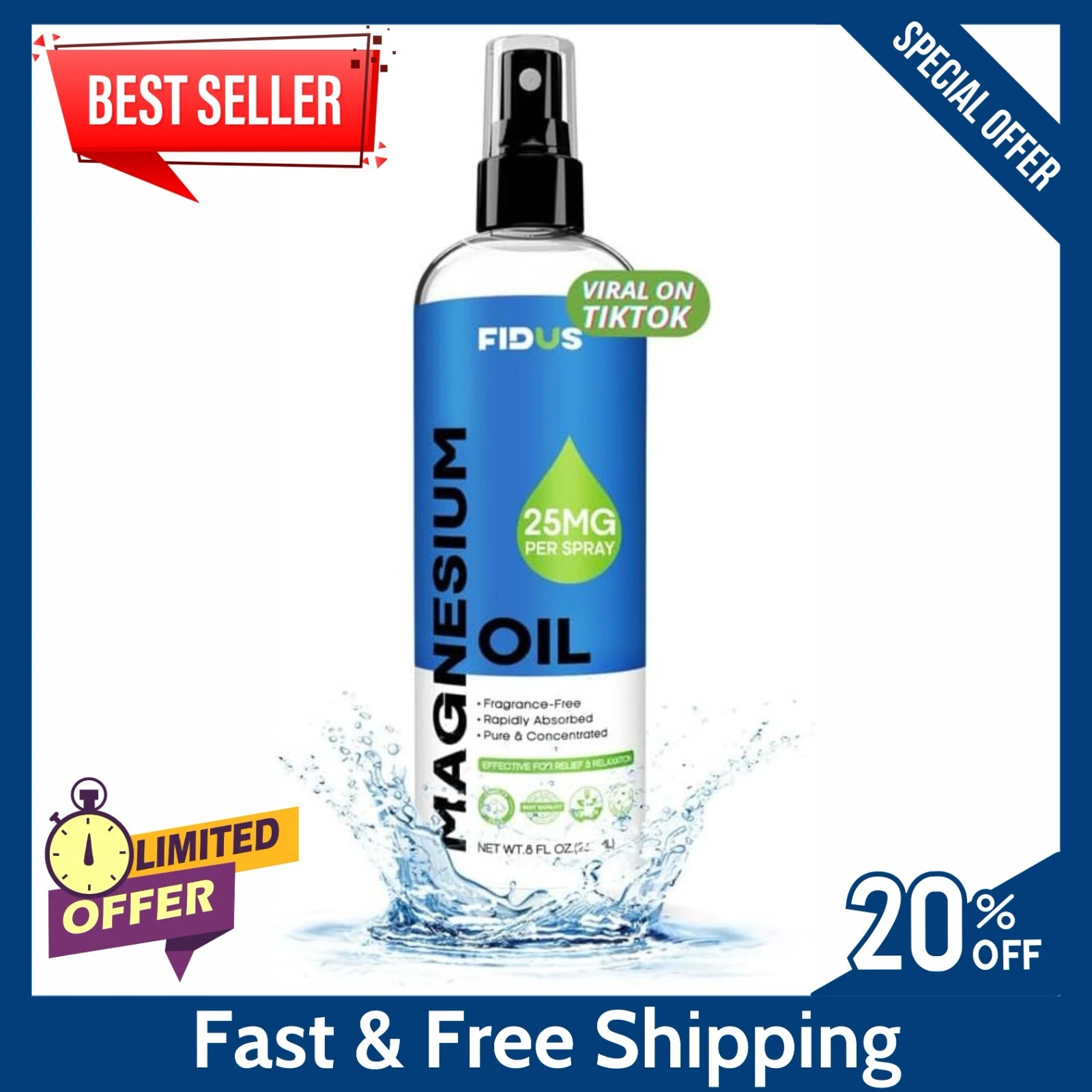 100% Pure Magnesium Oil Spray 8 fl oz - Quick Absorbing Muscle & Joint Relief ..