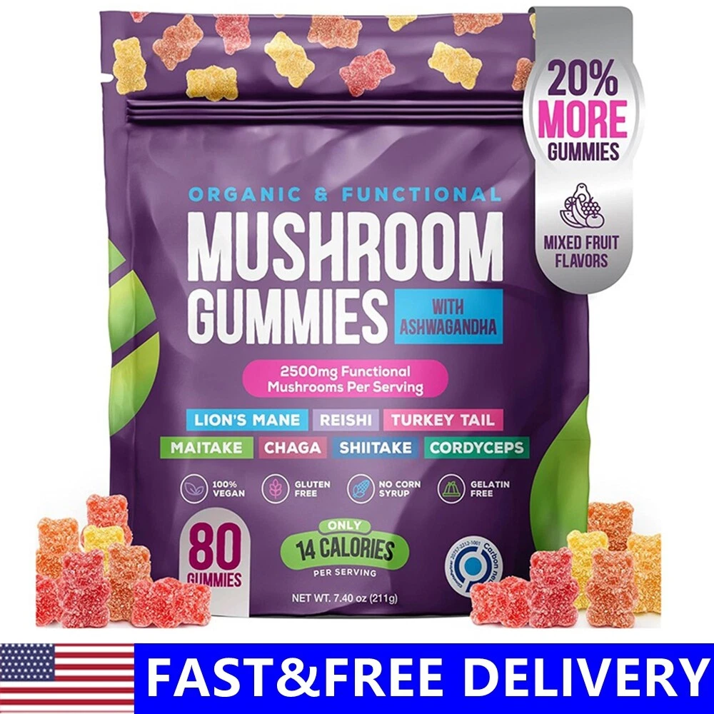 1-3X Organic Functional Mushroom Gummies Ashwagandha 80 Counts Fruit Flavor