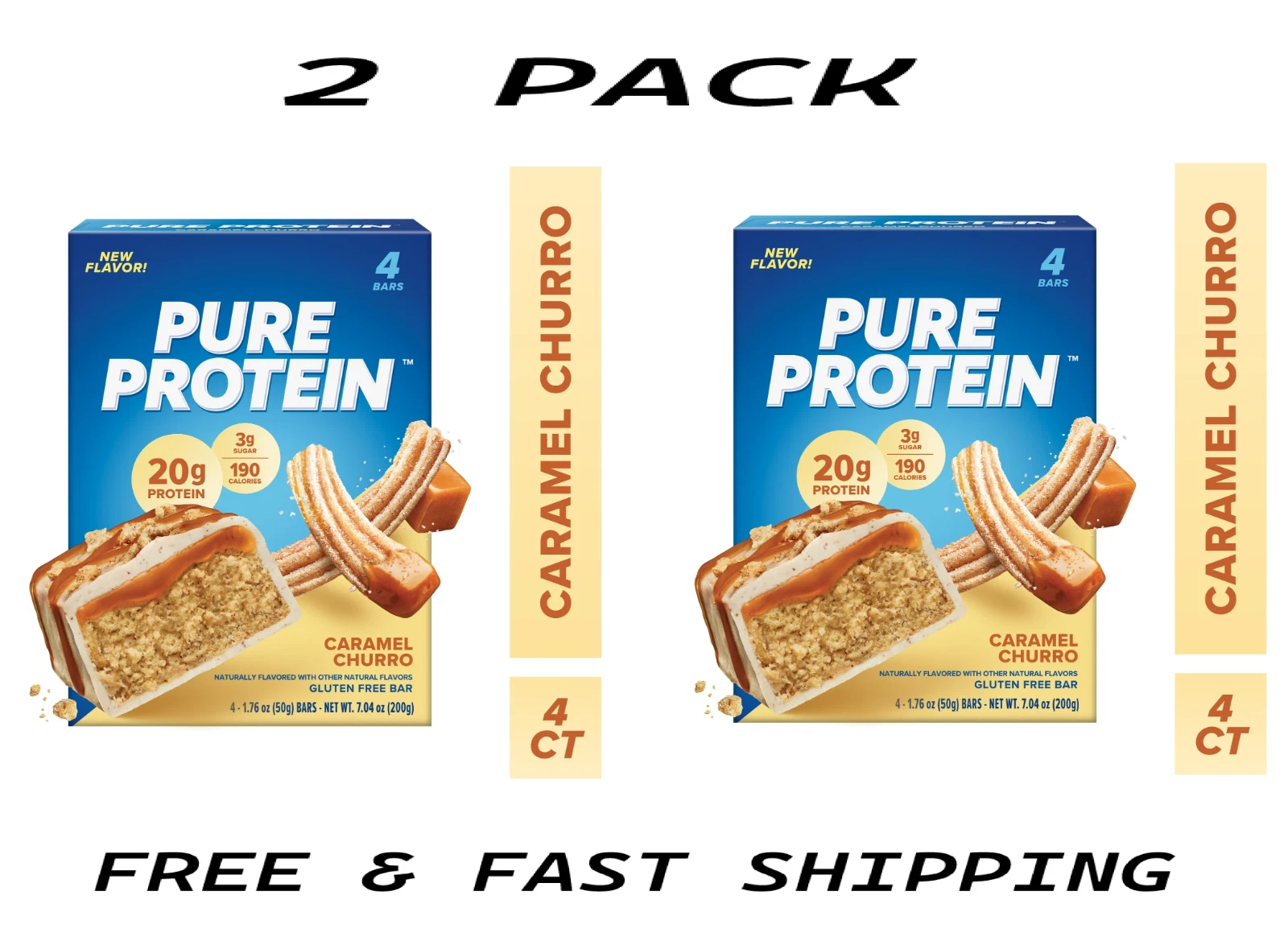 Pure Protein Bars, 20g Protein, Gluten Free, 1.76 oz, 4 Ct,Caramel Churro 2 PACK