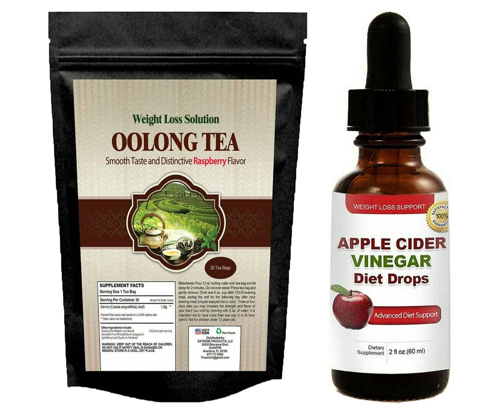 Herbal Oolong Tea Bags Apple Cider Vinegar Liquid Fat Burn Weight Loss Drop 2 PK