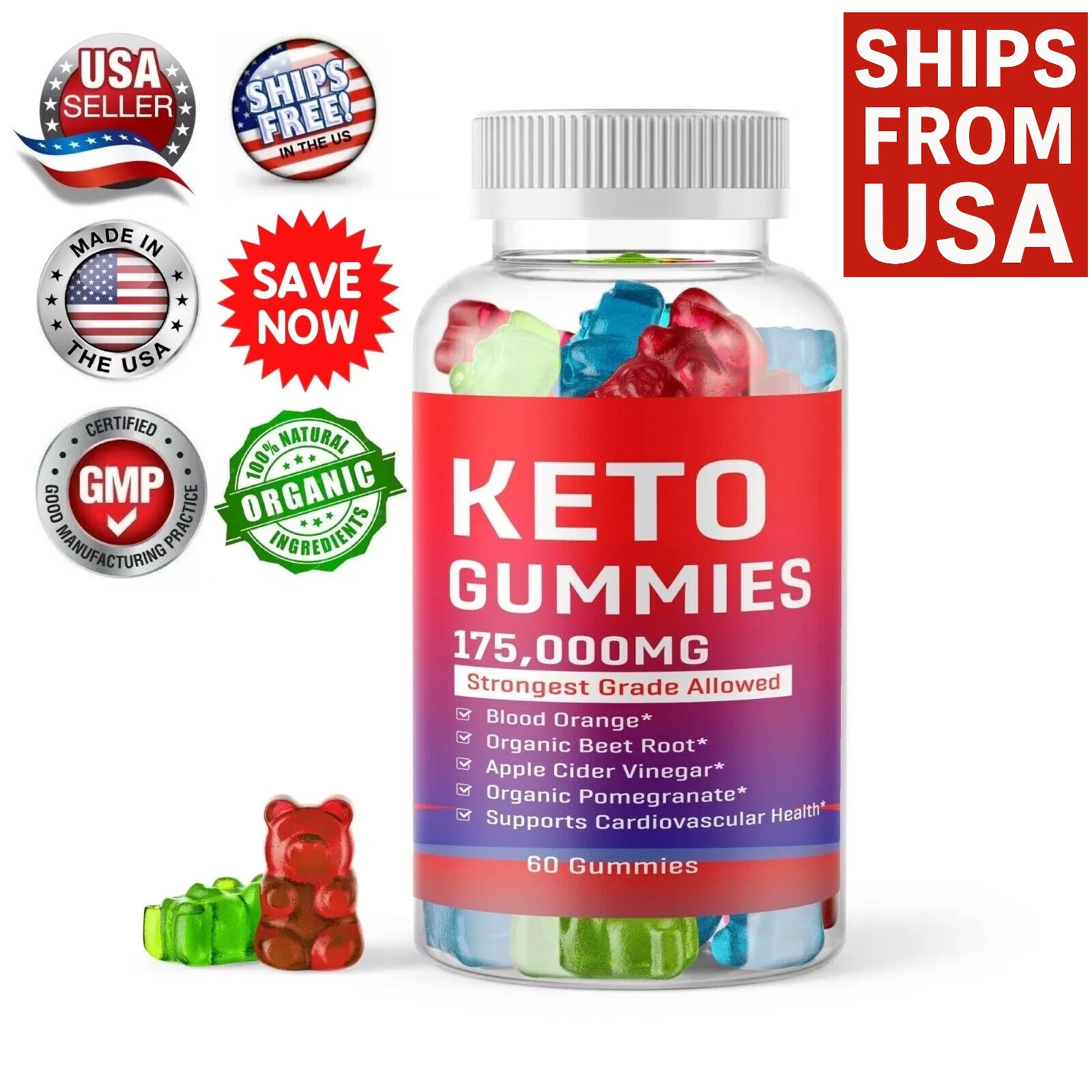 Keto Slimming Gummies 175,000mg Apple Cider Vinegar ACV Weight Loss 60 Gummy USA