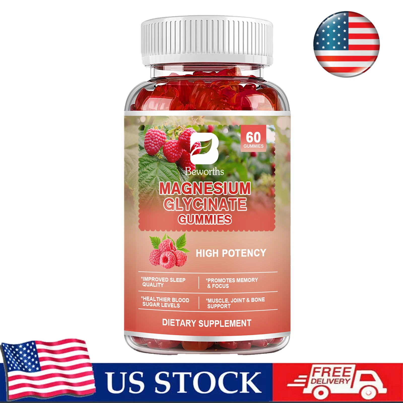 60pcs Magnesium Glycinate Gummies,Relief Anxiety & Stress,Improve Sleep