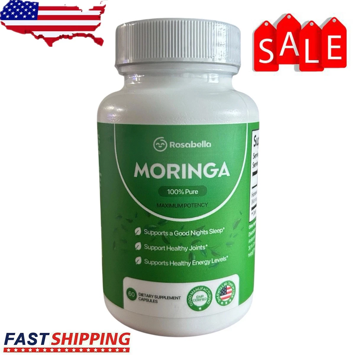 Rosabella Moringa 60 Capsules 800mg for Immune Support Gut Health US Shipping