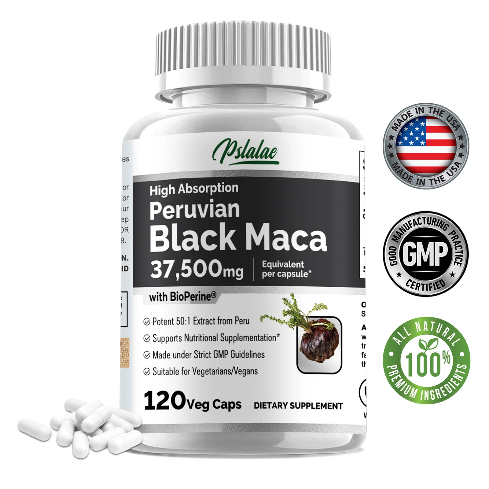 Peruvian Black Maca 37500mg - Natural Energy Booster, Testosterone Support