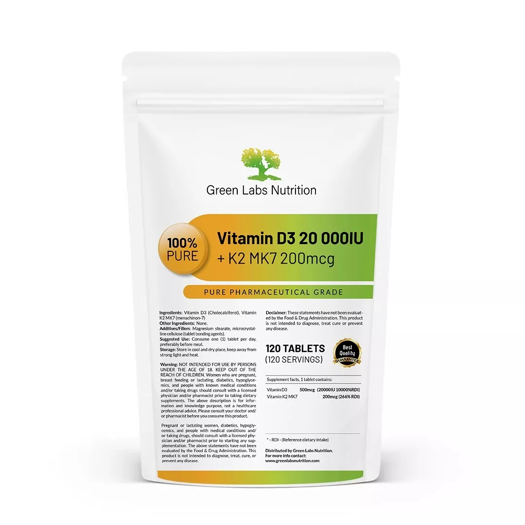 Vitamin D3 20000IU + K2 MK7 200mcg Tablets – Immune Support, Bone Strength Boost
