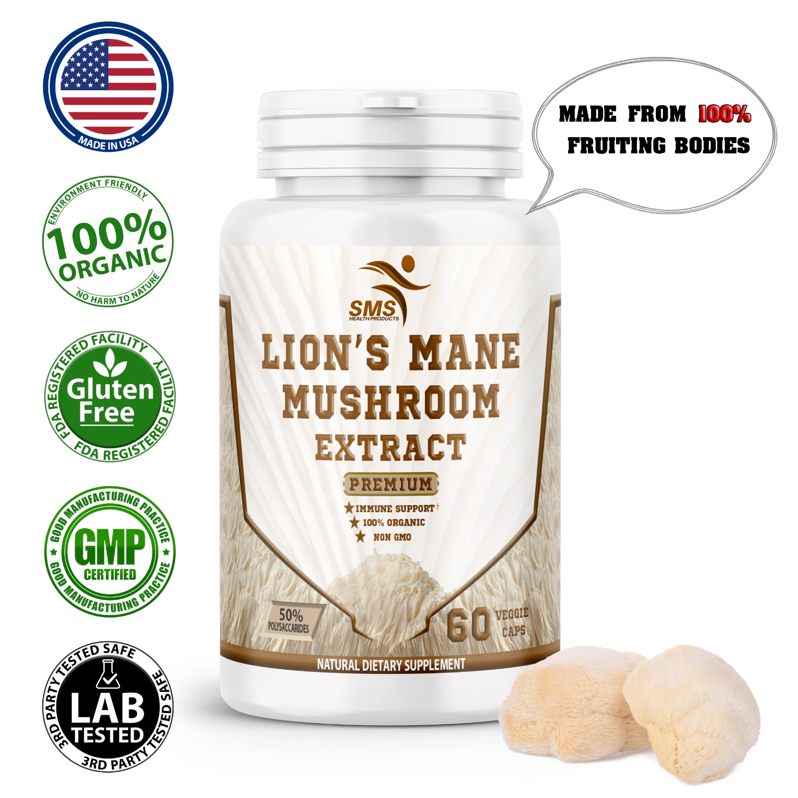 Lion’s Mane Cognition Mushroom Extract Powder 60 Veggie Capsules Organic Non GMO