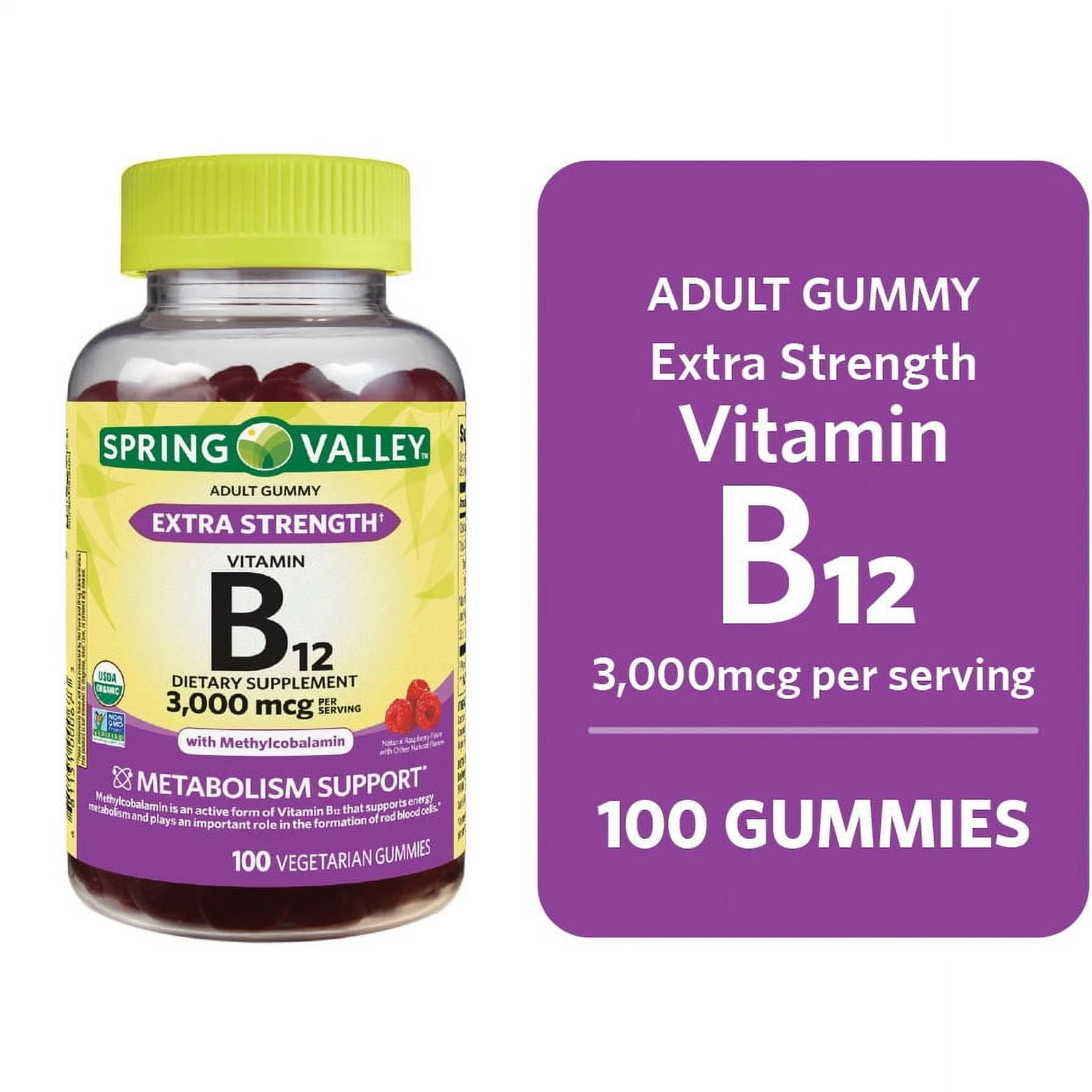 Spring Valley Extra Strength Vitamin B12 Vegetarian 100 Gummies 3000mcg