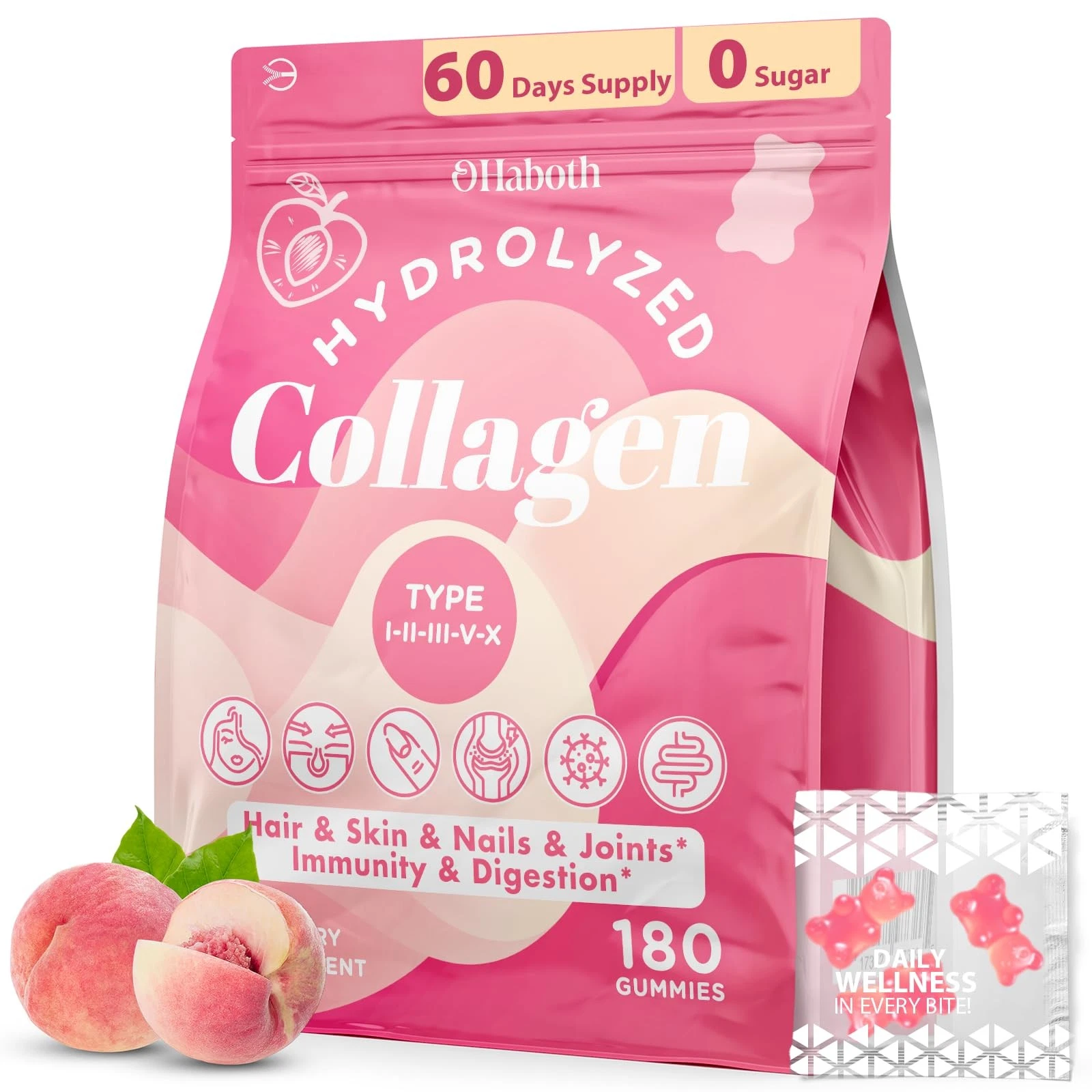 Collagen Gummies for Women, Hydrolyzed Collagen Peptides Type I, II, III, V, X,