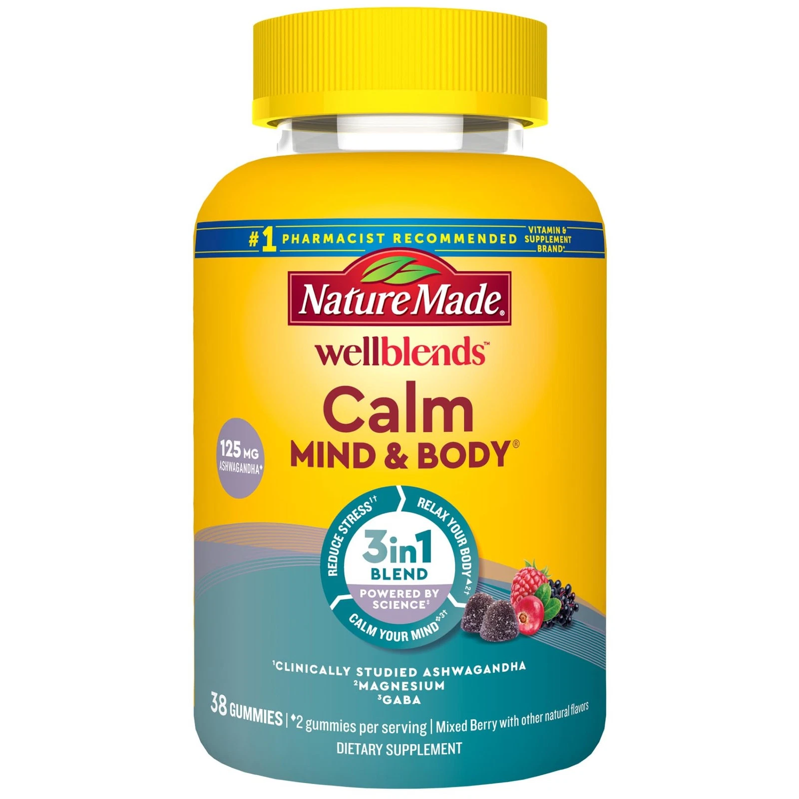 Nature Made Wellblends Calm Mind Body Gummies Stress Relief 38 Count Berry Fl...