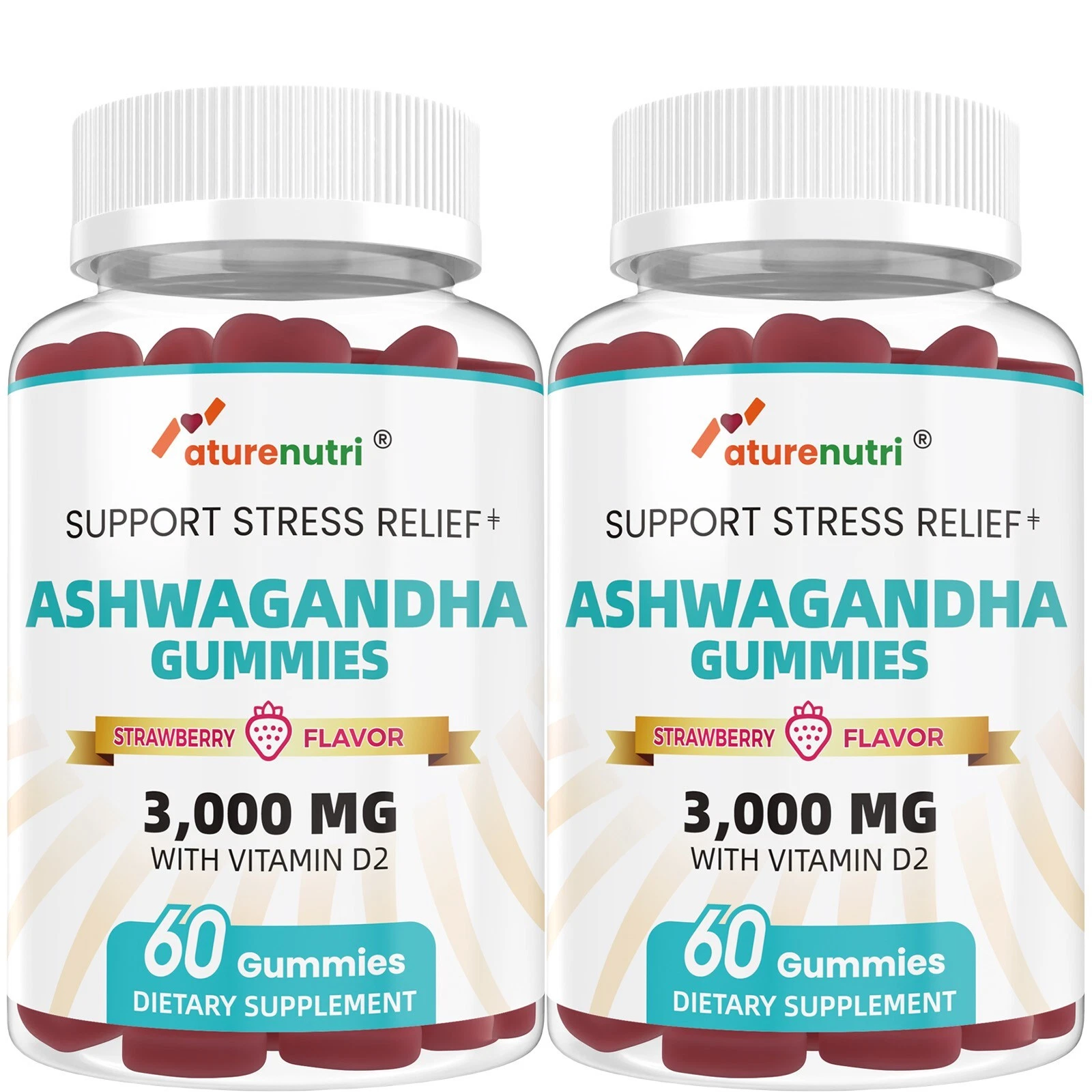2Packs - 3000mg Ashwagandha Gummies + Vitamin D2, Strawberry Flavor