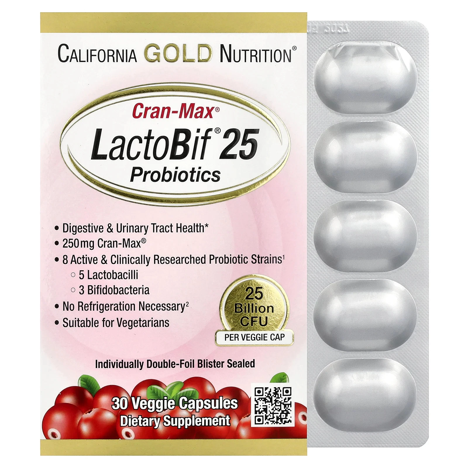 California Gold Nutrition LactoBif Probiotics CranMax 25 Billion CFU 30 Capsules
