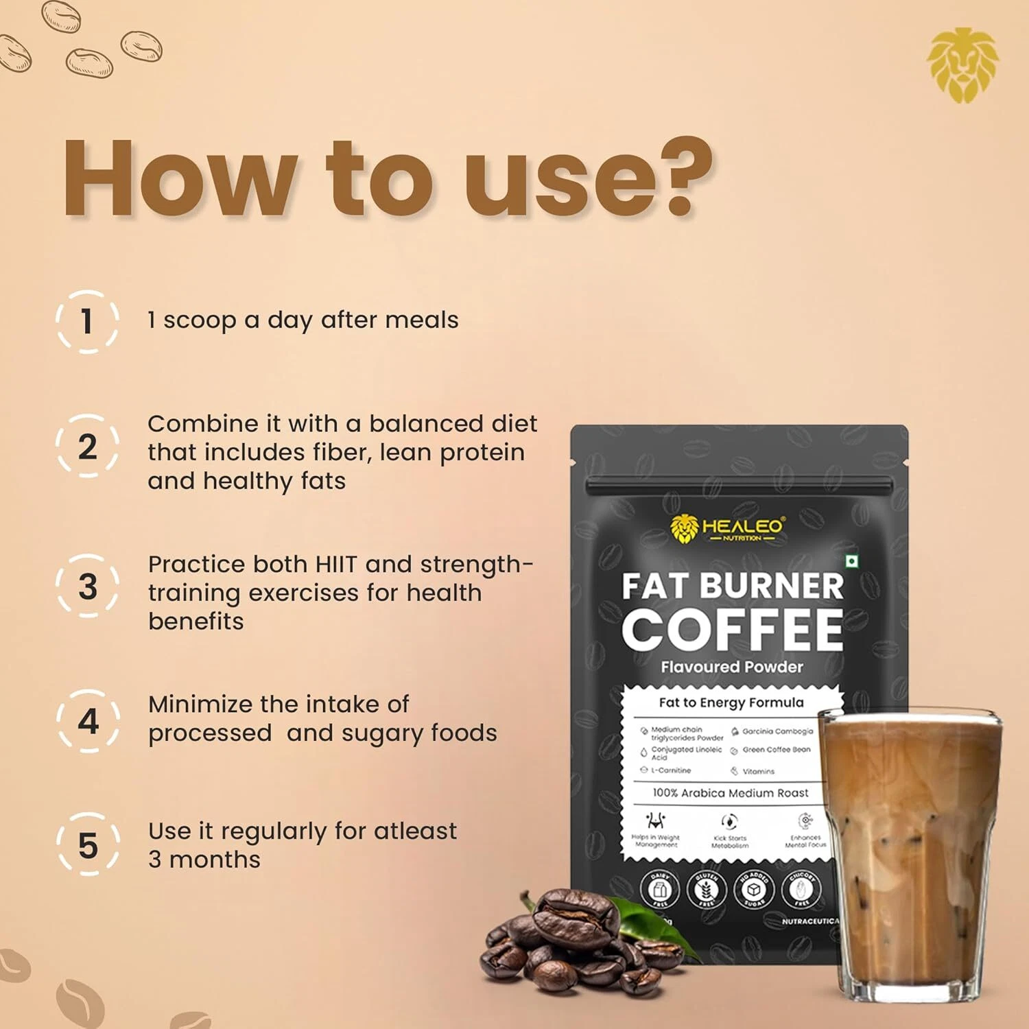 Healeo Fat Burner Coffee for Men & Women with MCT,L Carnitine, Garcinia Cambogia