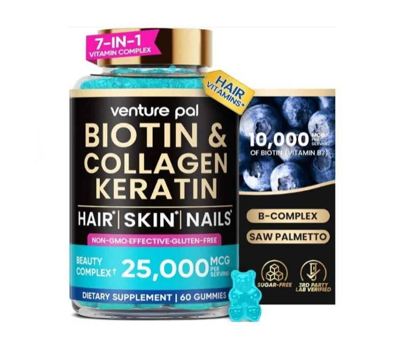Venture Pal Biotin Gummies w Collagen & Keratin B-Complex Saw Palmetto Blueberry