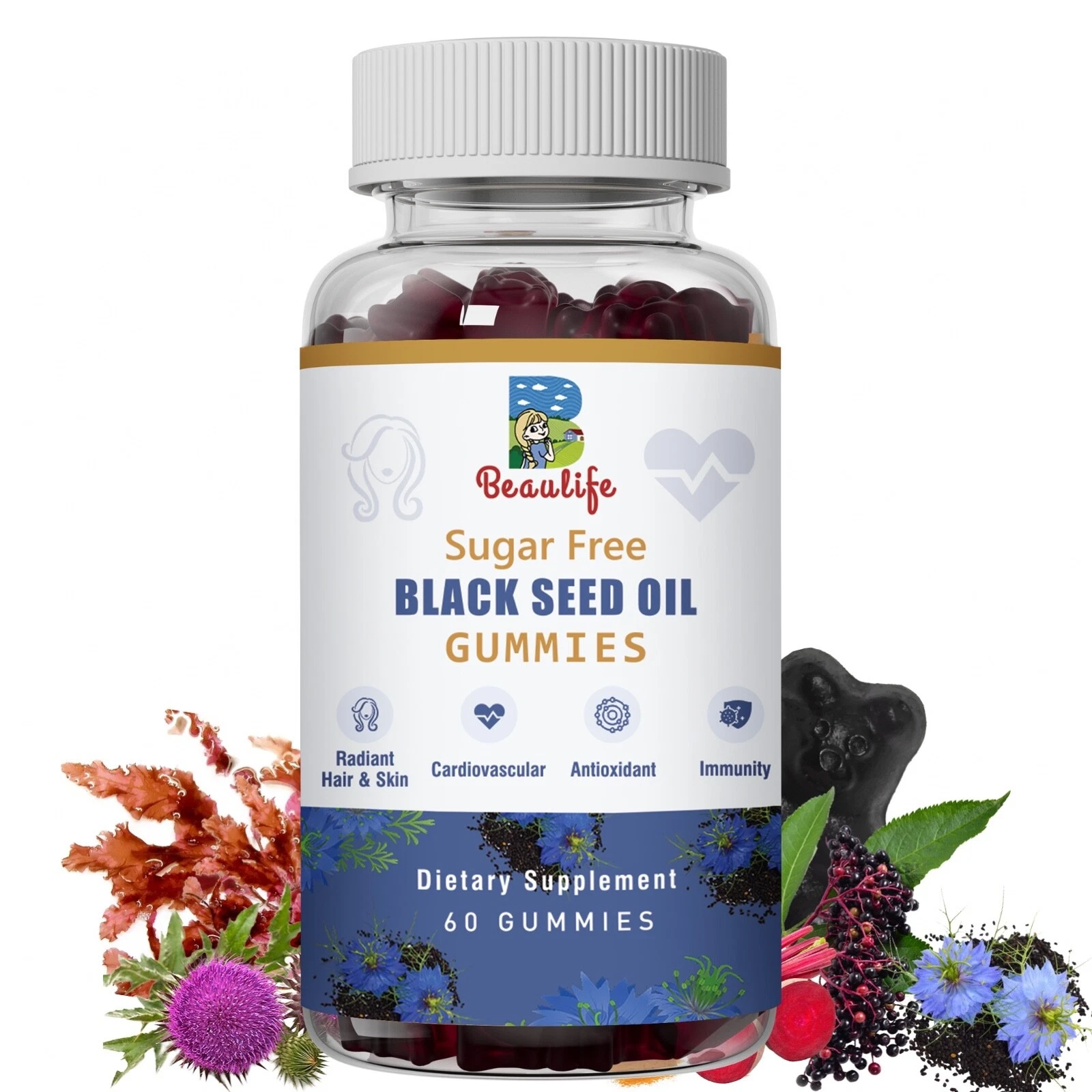60 pcs Black Seed Oil Gummies, Black Seed Oil，Beet Root,Milk Thistle，Turmeric