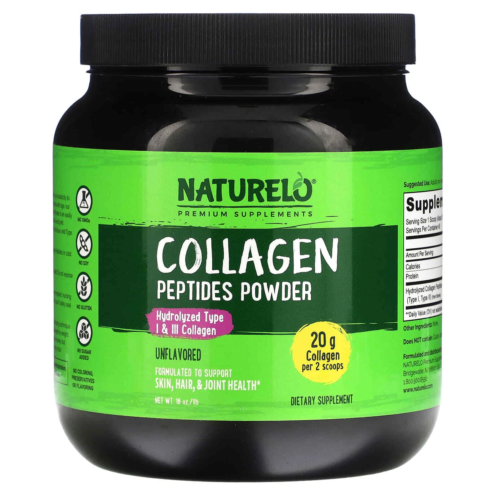 2 X NATURELO, Collagen Peptides Powder, Unflavored, 1 lb (16 oz)