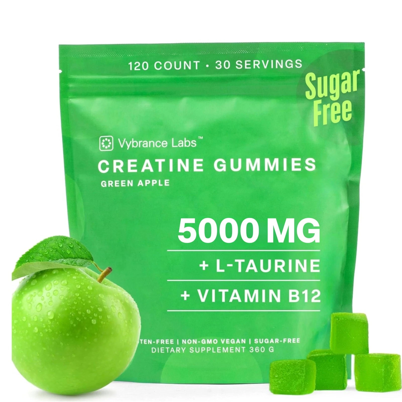 Sour Green Apple Creatine Gummies 5 g – Vegan, Sugar‑Free Monohydrate + Tau...