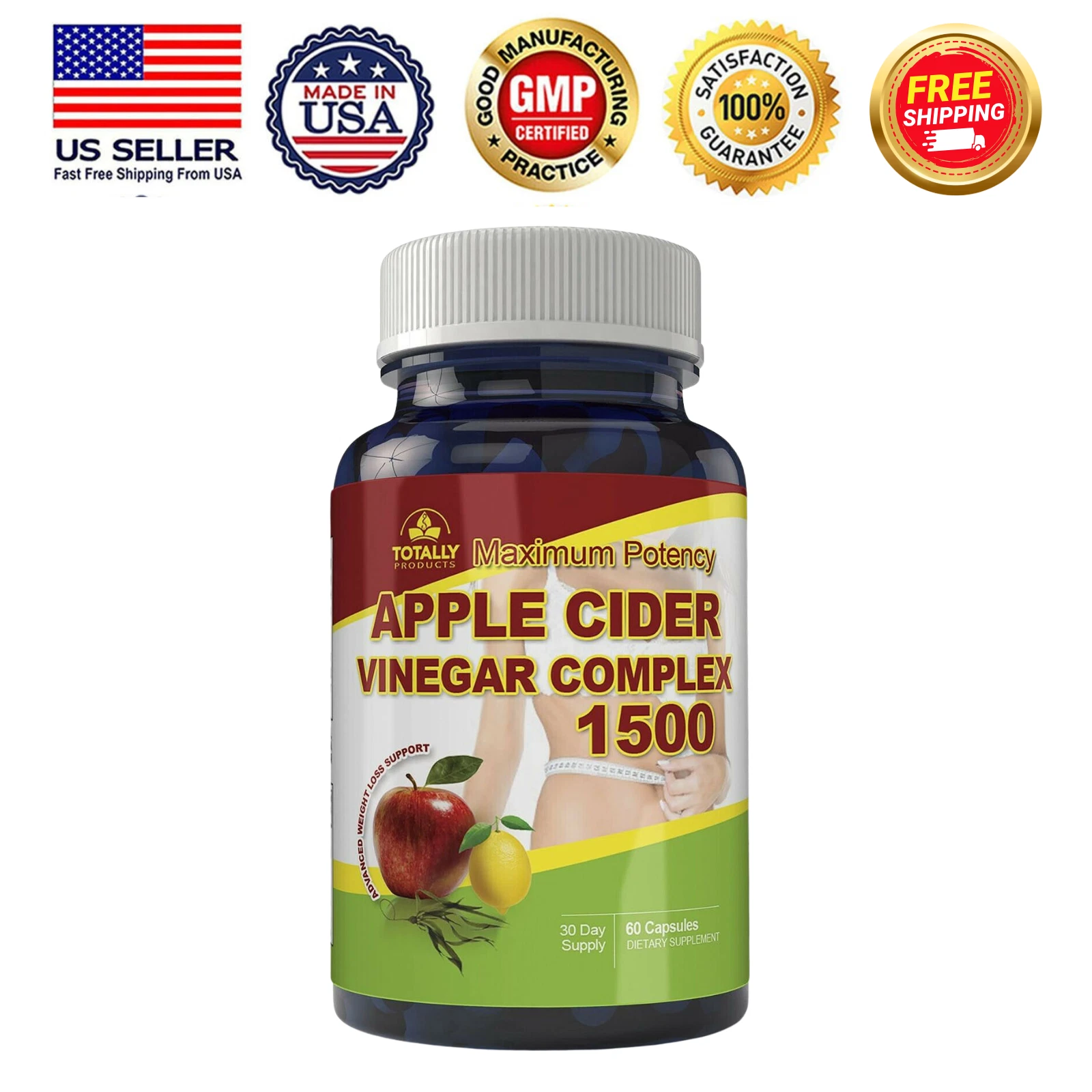 Apple Cider Vinegar 1500mg Weight Loss Fat Burn Support 60 Capsules Free Ship