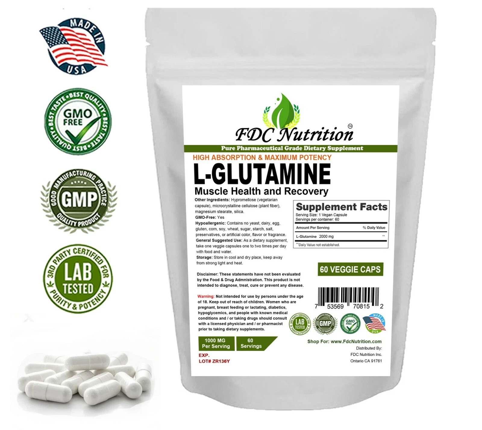 FDC NUTRITION L-Glutamine 2000 mg vegan Capsules All size Made in USA